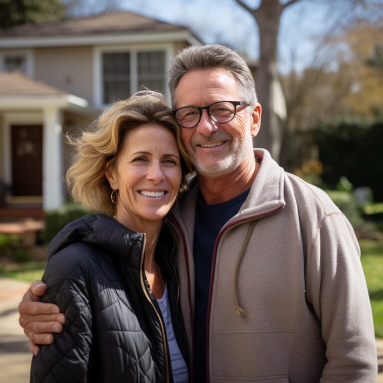 couple smiling at their home